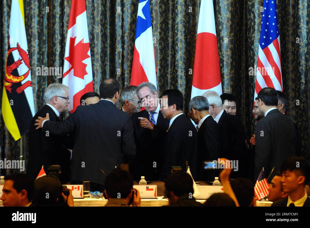 (140225) -- SINGAPORE, 25 febbraio 2014 (Xinhua) -- ministri e rappresentanti del commercio partecipano alla conferenza stampa dopo la riunione ministeriale del partenariato Trans-Pacifico (TPP) a Singapore, 25 febbraio 2014. I ministri e i rappresentanti dei 12 paesi partecipanti agli ambiziosi ma controversi colloqui sul partenariato Trans-Pacifico (TPP) non sono riusciti a raggiungere un accordo martedì dopo quattro giorni di riunioni a Singapore, lasciando l'accesso al mercato come una delle principali lacune. (Xinhua/Then Chih Wey)(bxq) SINGAPORE-TPP PUBLICATIONxNOTxINxCHN Singapore Feb 25 2014 XINHUA Ministro del commercio e rappresentanti a Foto Stock