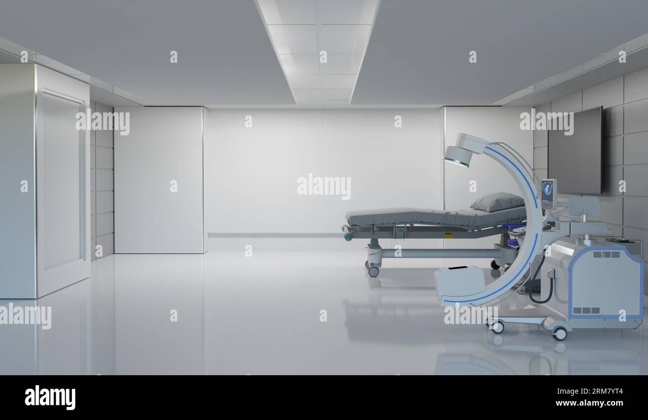 Camera medica pulita con braccio c e letto d'ospedale con spazio di copia, rendering illustrazioni 3d. Foto Stock