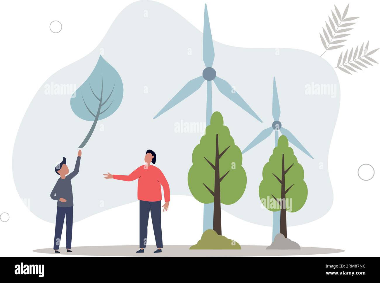 Promuovere l'energia verde e parlare di energia sostenibile delle turbine eoliche. Illustrazione vettoriale piatta. Illustrazione Vettoriale