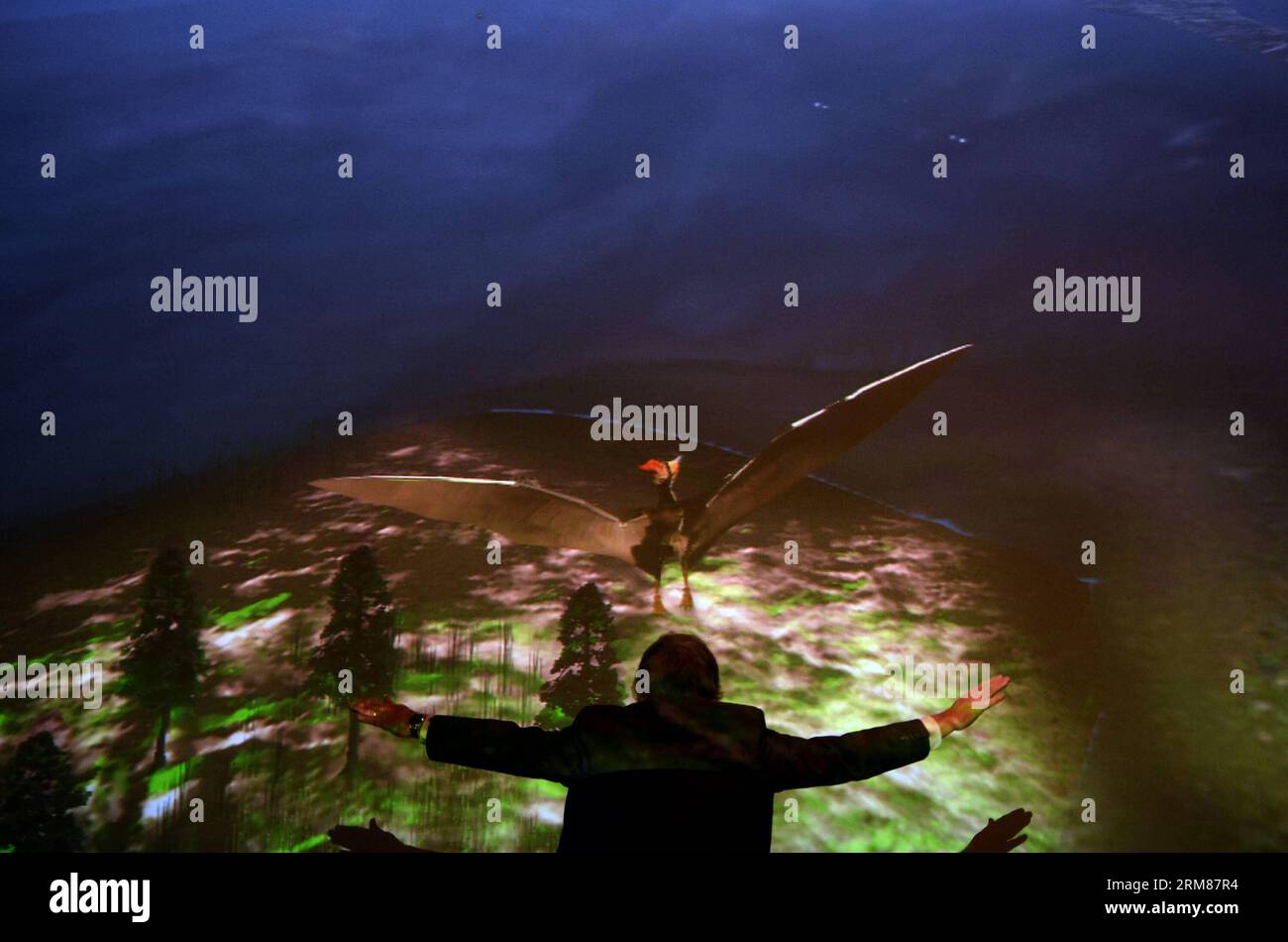 (140401) -- NEW YORK, 1 aprile 2014 (Xinhua) -- Un ricercatore emula la postura volante di uno pterosauro durante l'anteprima della mostra pterosaurs: Flight in the Age of the Dinosaurs presso l'American Museum of Natural History di New York, 1 aprile 2014. La mostra speciale inizierà il 5 aprile, con fossili rari, modelli a grandezza naturale e interazioni interattive. (Xinhua/Wang lei) US-NEW YORK-EXHIBITION-DINOSAURI PUBLICATIONxNOTxINxCHN New York 1 aprile 2014 XINHUA un ricercatore la postura volante di a durante l'Anteprima della mostra pterosauri volo nell'età dei dinosauri Foto Stock