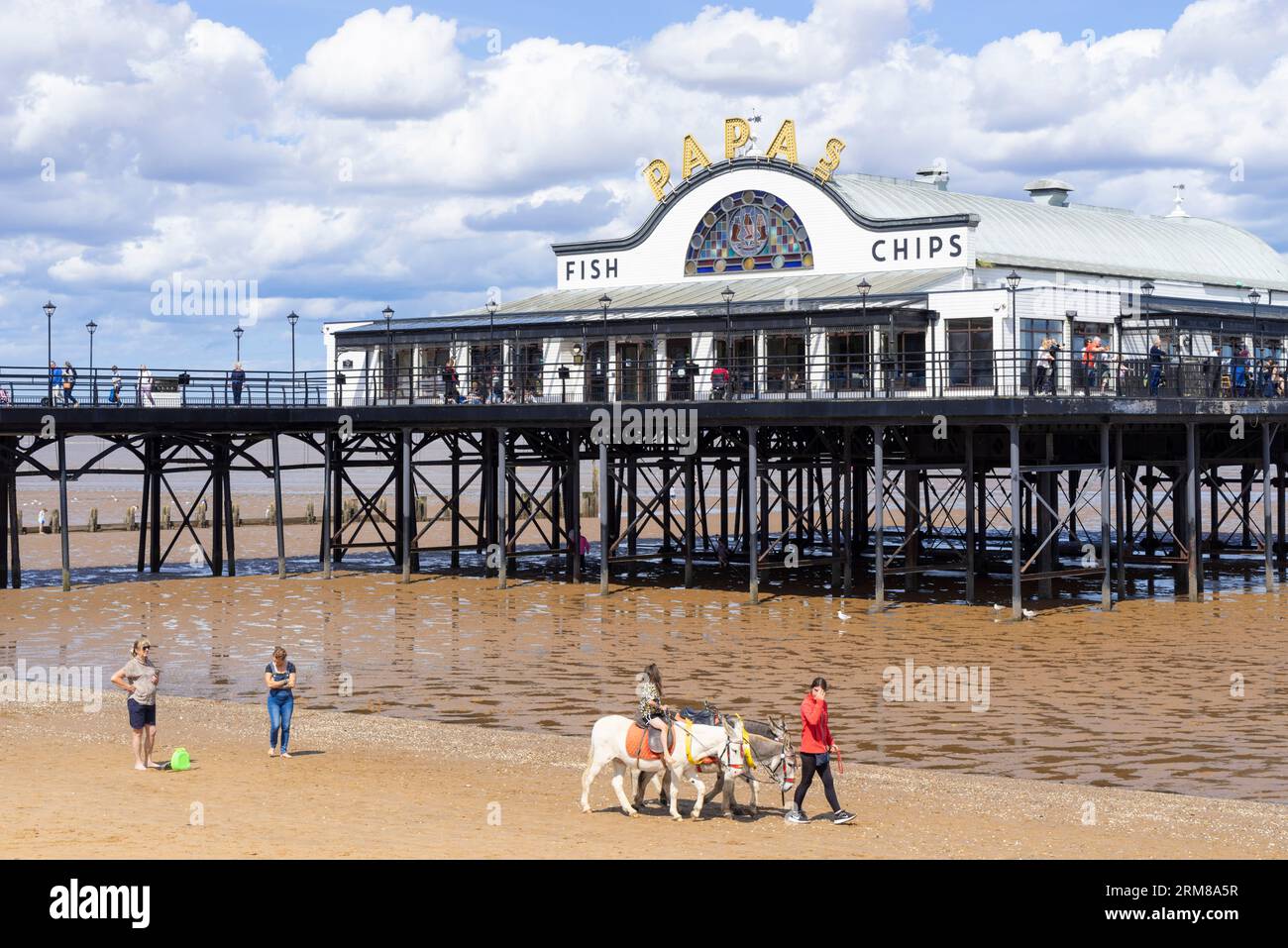 Cleethorpes Pier Cleethorpes Papas, ristorante fish and chips e corse da asporto e asino sulla spiaggia di Cleethorpes Lincolnshire Inghilterra Regno Unito GB Europa Foto Stock
