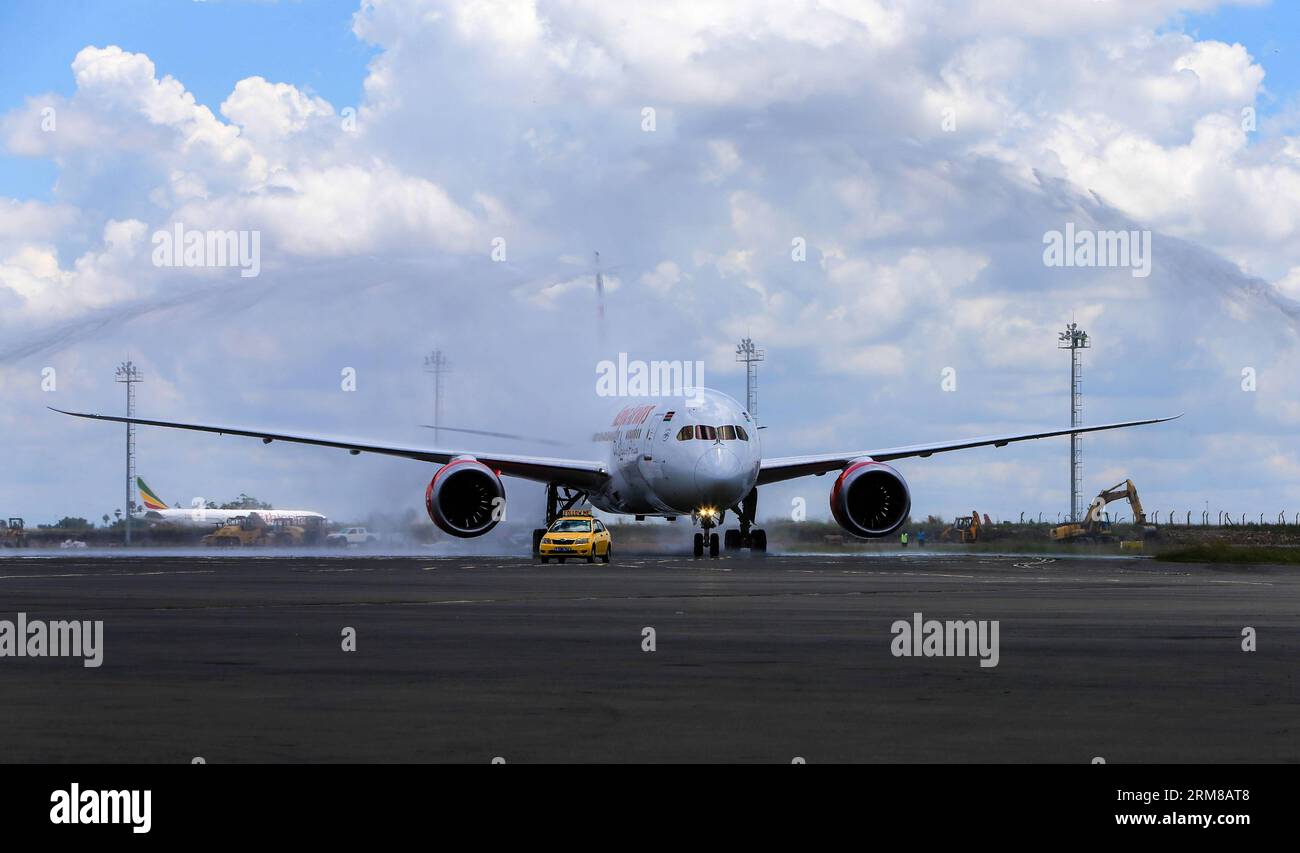 (140405) -- NAIROBI, 5 aprile 2014 (Xinhua) -- Kenya Airways primo Boeing 787 Dreamliner Great Rift Valley taxi presso l'aeroporto internazionale Jomo Kenyatta di Nairobi, capitale del Kenya, 5 aprile 2014. La Kenya Airways ha tenuto una cerimonia di ricevimento per la consegna del suo primo aereo Boeing 787 Dreamliner sabato. È il primo dei sei Dreamliner che Kenya Airways si aspetta quest'anno. (Xinhua/Meng Chenguang) KENYA-NAIROBI-AIRWAYS-FIRST BOEING 787-ARRIVAL PUBLICATIONxNOTxINxCHN Nairobi 5 aprile 2014 XINHUA Kenya Airways primo Boeing 787 Dream liner Great Rift Valley taxi PRESSO l'aeroporto internazionale di Jomo Kenyatta Foto Stock