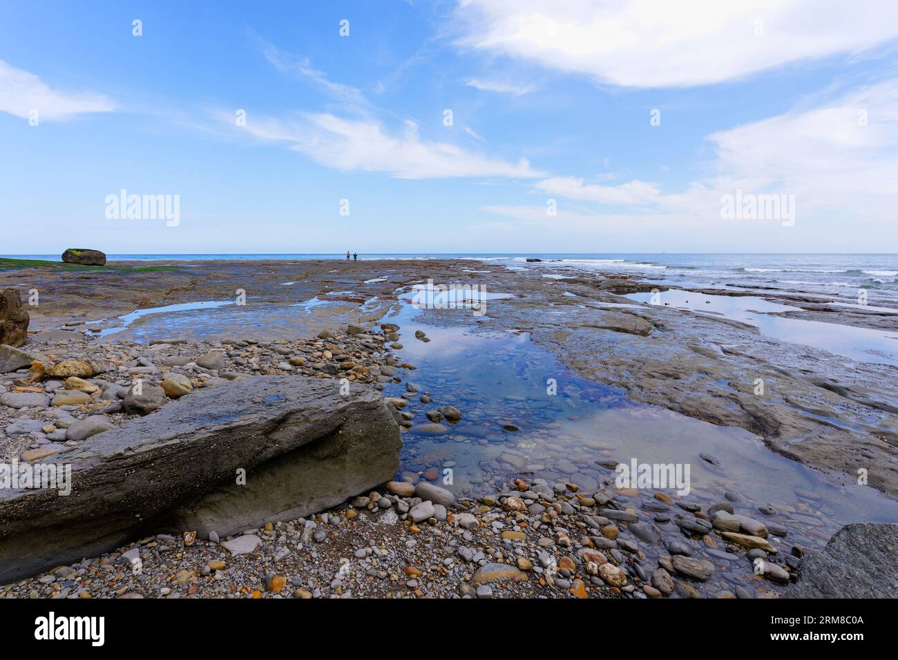 Rocce e piscine rocciose sulla spiaggia di Staithes nel North Yorkshire con la bassa marea. Foto Stock