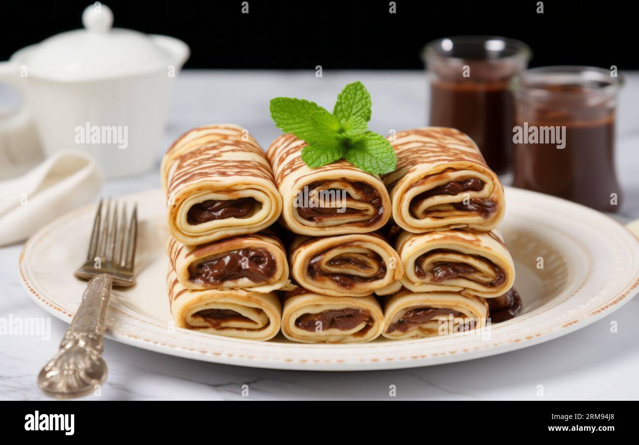 Crepes arrotolate o piccoli pancake con ricco cioccolato, esposti su un piatto bianco croccante Foto Stock