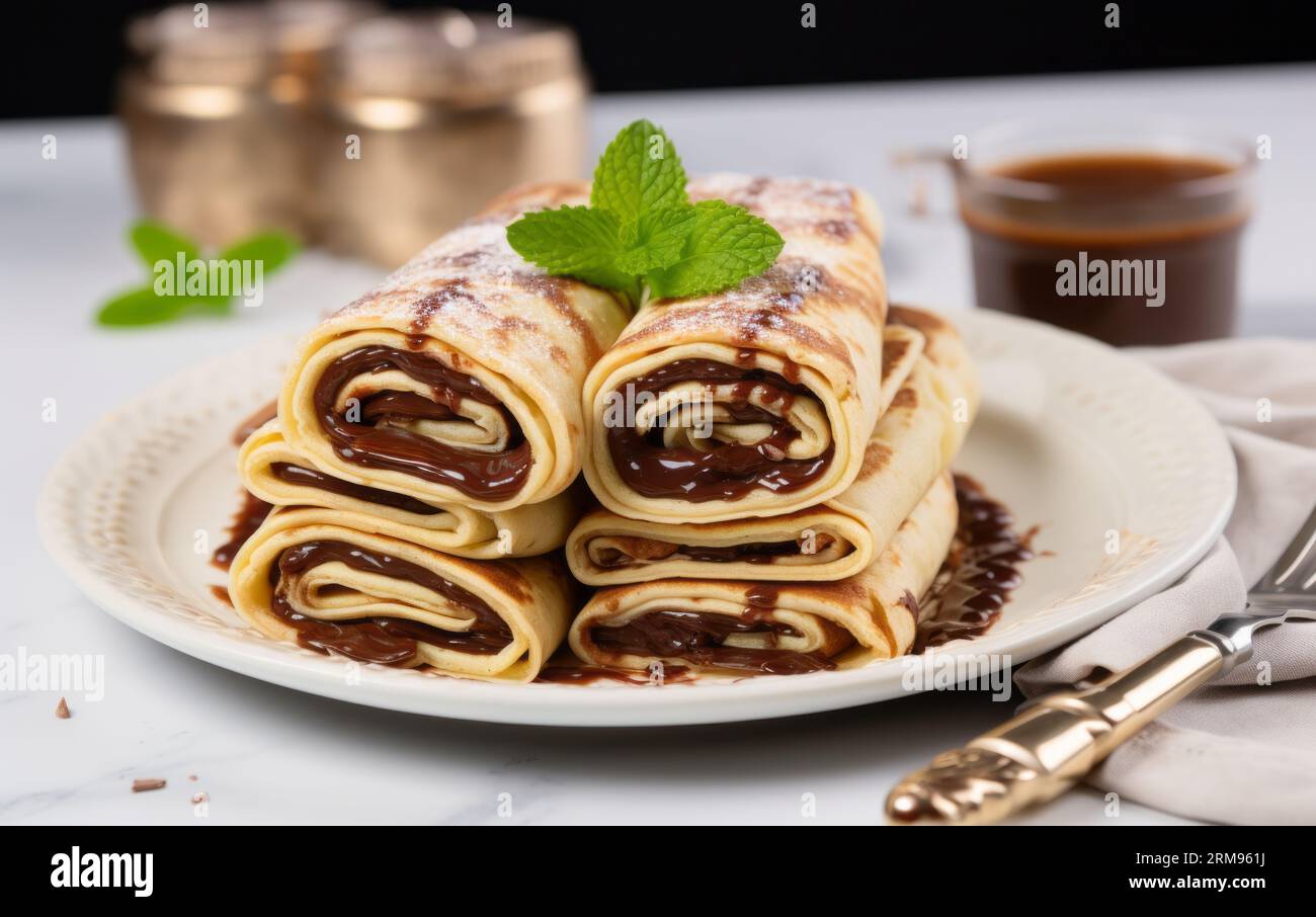 Crepes arrotolate o piccoli pancake con ricco cioccolato, esposti su un piatto bianco croccante Foto Stock
