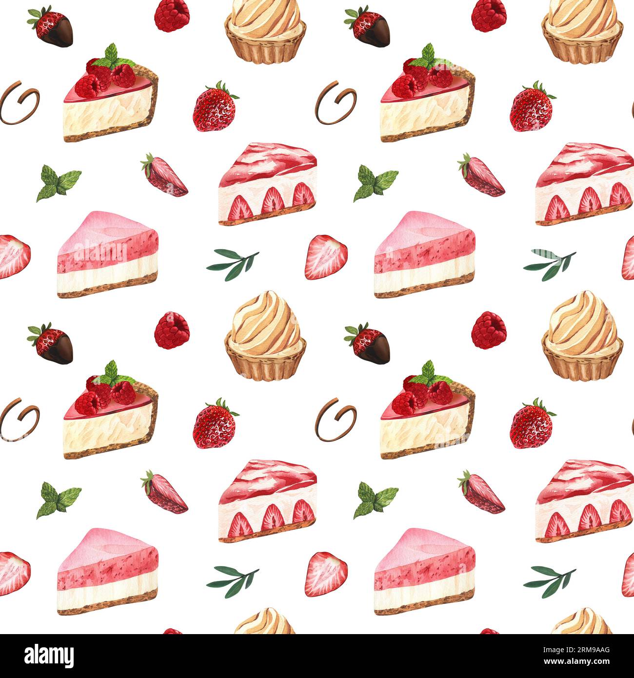 Dessert con motivo ad acquerello senza cuciture, cheesecake con fragole fresche. Illustrazione disegnata a mano isolata su sfondo bianco. Cibo perfetto Foto Stock