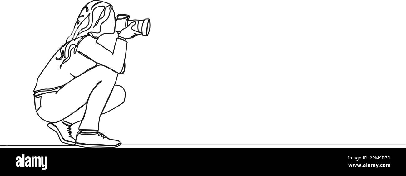 disegno continuo a riga singola di una donna che scatta foto con una fotocamera reflex digitale, illustrazione vettoriale line art Illustrazione Vettoriale