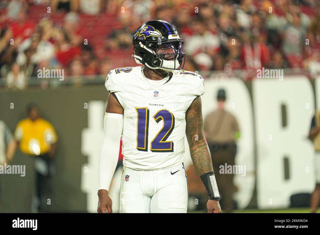Tampa Bay, Florida, USA, 26 agosto 2023, il quarterback dei Baltimore Ravens Anthony Brown n. 12 al Raymond James Stadium. (Foto Credit: Marty Jean-Louis/Alamy Live News Foto Stock