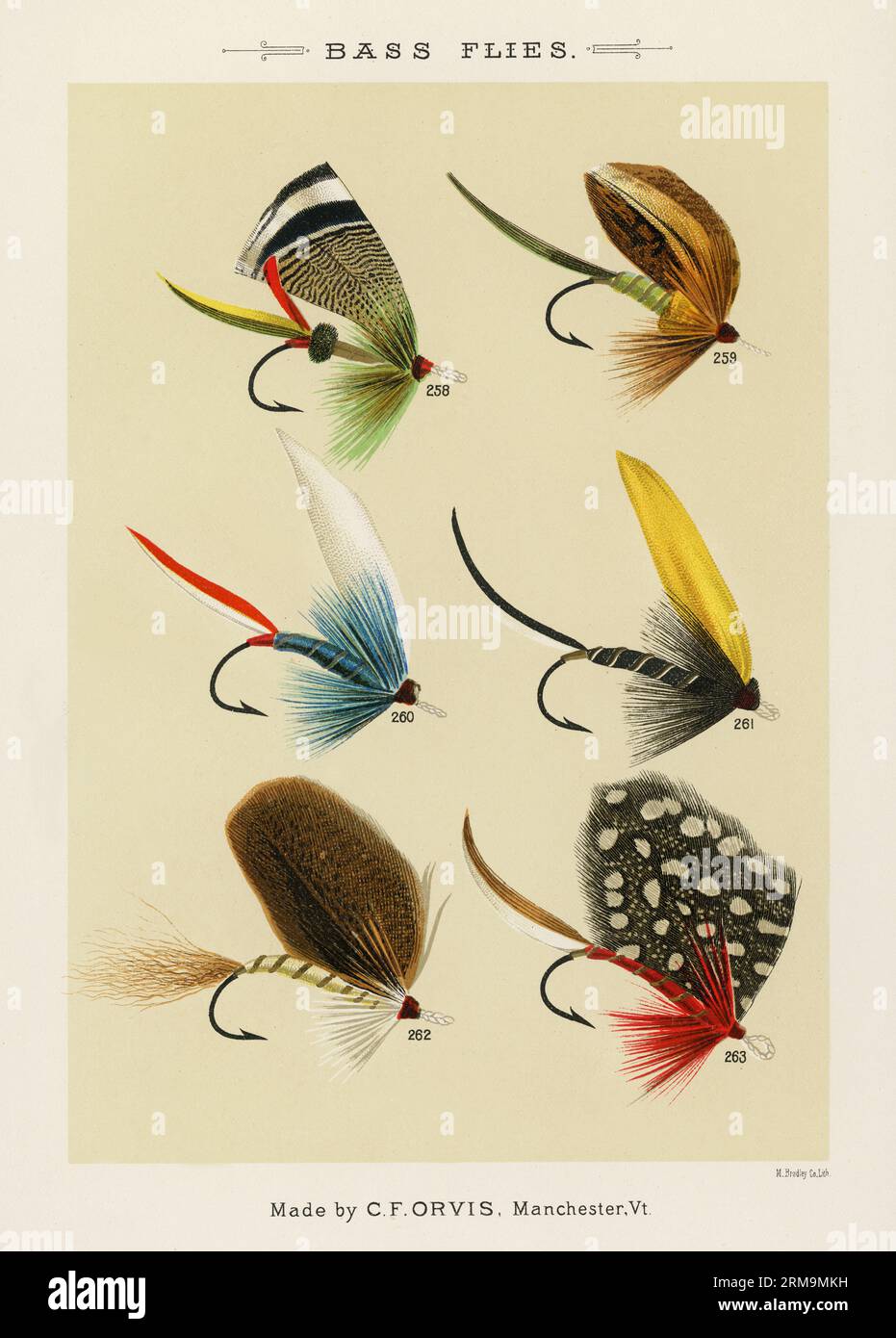 Illustrazione d'epoca dei ganci per la pesca con la mosca: Ganci assortiti con mosche spinato di diverse dimensioni e occhielli per motivi artificiali nella pesca con la mosca. CA. Foto Stock