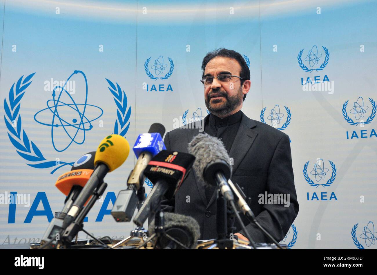 Reza Najafi, inviato iraniano presso l'Agenzia internazionale per l'energia atomica (AIEA), parla ai media a Vienna, 4 giugno 2014. Teheran spera che il sorvegliante nucleare delle Nazioni Unite possa fornire un documento sostanziale sulle attività nucleari iraniane che potrebbero essere collegate al presunto programma di armi nucleari, ha dichiarato mercoledì l'inviato iraniano presso l'Agenzia internazionale per l'energia atomica (AIEA). (Xinhua/Qian Yi) AUSTRIA-VIENNA-AIEA-IRAN PUBLICATIONxNOTxINxCHN Reza Najafi inviato iraniano presso l'Agenzia internazionale per l'energia atomica l'AIEA parla ai media a Vienna il 4 giugno 2014 TEHERAN spera che il cane da guardia nucleare delle Nazioni Unite possa prov Foto Stock
