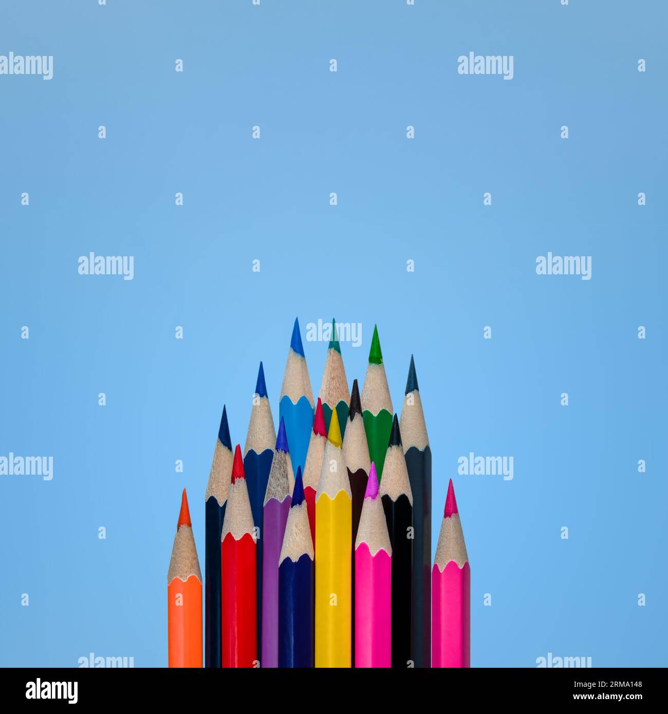 Vista dall'alto di molte matite multicolore. Spazio vuoto per testo o disegno su sfondo blu Foto Stock