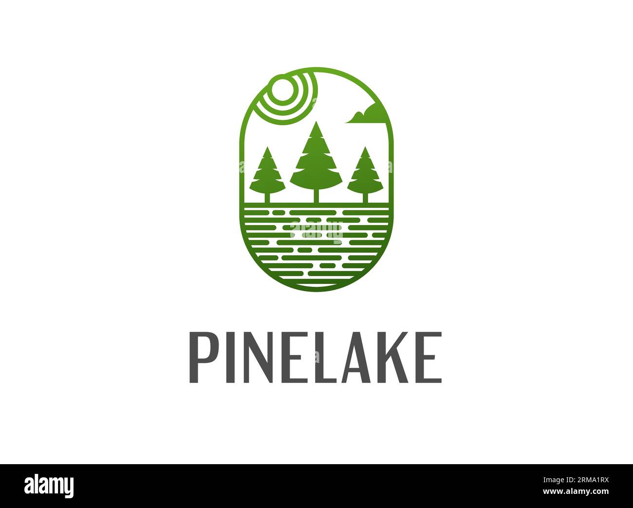 Presentazione del modello di design con logo Pinelake Outdoor Nature Landscape, cornice ovale con logo di paesaggi naturali per aziende o aziende, lago di pini Illustrazione Vettoriale