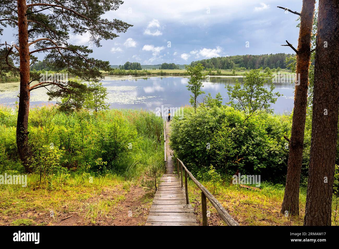 Pesca turistica ragazzo dopo la tempesta estiva alla fine di un molo di legno sul lago Joemoisa vicino al lago Peipus, Mustavee, Estonia Foto Stock