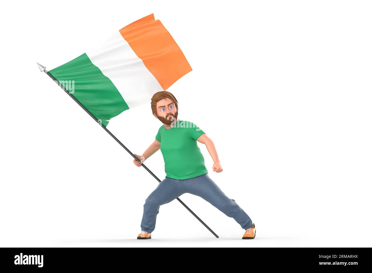 Uomo che detiene con orgoglio la bandiera della Repubblica d'Irlanda. Isolato su sfondo bianco. Rendering 3D. Foto Stock