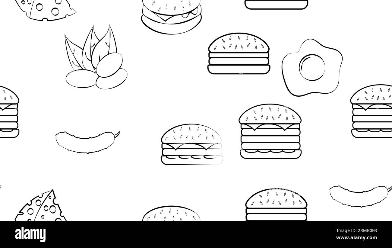In bianco e nero, un motivo senza cuciture di una serie di piatti e spuntini icone per un bar-caffetteria del ristorante: hamburger, pistacchi, uova, formaggio, cetriolo. Illustrazione Vettoriale