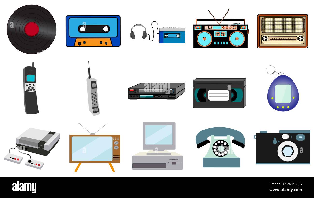 Set di vecchia tecnologia retrò hipster vintage, elettronica musica vinile, audio e video cassetta registratore cassette TV console gioco telefono fotocamera e lettore f Illustrazione Vettoriale