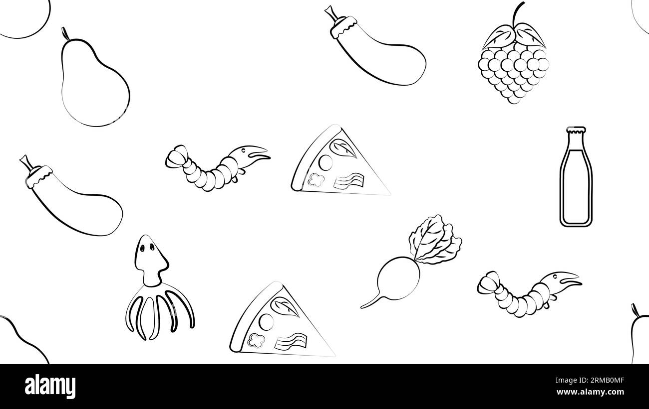 Bianco e nero senza interruzioni modello di cibo e snack icone set per bar ristorante caffè: Gamberi, pizza, uva, ravanello, soda, calamari, pera. T Illustrazione Vettoriale