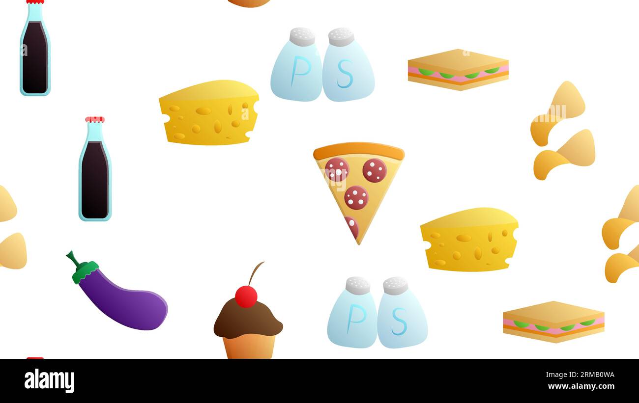 Infinite combinazioni bianche di cibi deliziosi e snack, icone per il bar del ristorante: Patatine, formaggio, melanzane, soda, sale e pepe, cu Illustrazione Vettoriale