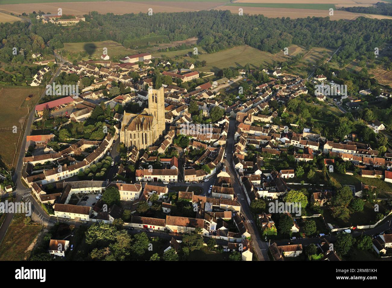 FRANCIA. SEINE-ET-MARNE (77) VOLO IN MONGOLFIERA (VISTA AEREA) SUL VILLAGGIO DI LARCHANT E SULLA CHIESA DI SAINT-MATHURIN (VALLE DI LOING) Foto Stock