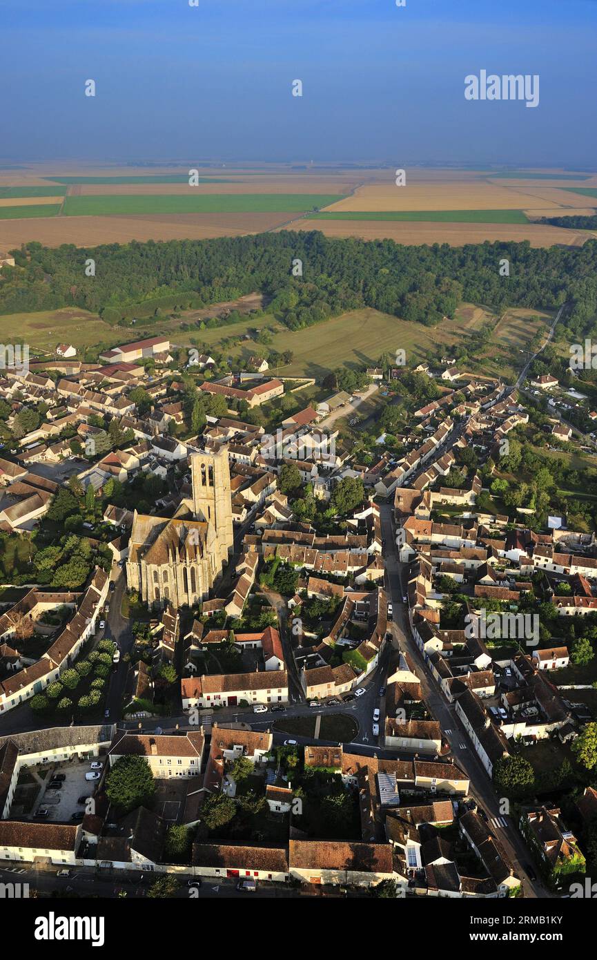 FRANCIA. SEINE-ET-MARNE (77) VOLO IN MONGOLFIERA (VISTA AEREA) SUL VILLAGGIO DI LARCHANT E SULLA CHIESA DI SAINT-MATHURIN (VALLE DI LOING) Foto Stock