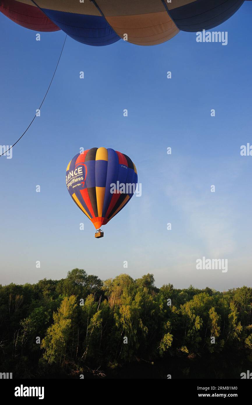 FRANCIA. SEINE-ET-MARNE (77) VOLO IN MONGOLFIERA (VISTA AEREA) DELLA VALLE DEL LOING E DELLA FORESTA DI FONTAINEBLEAU Foto Stock