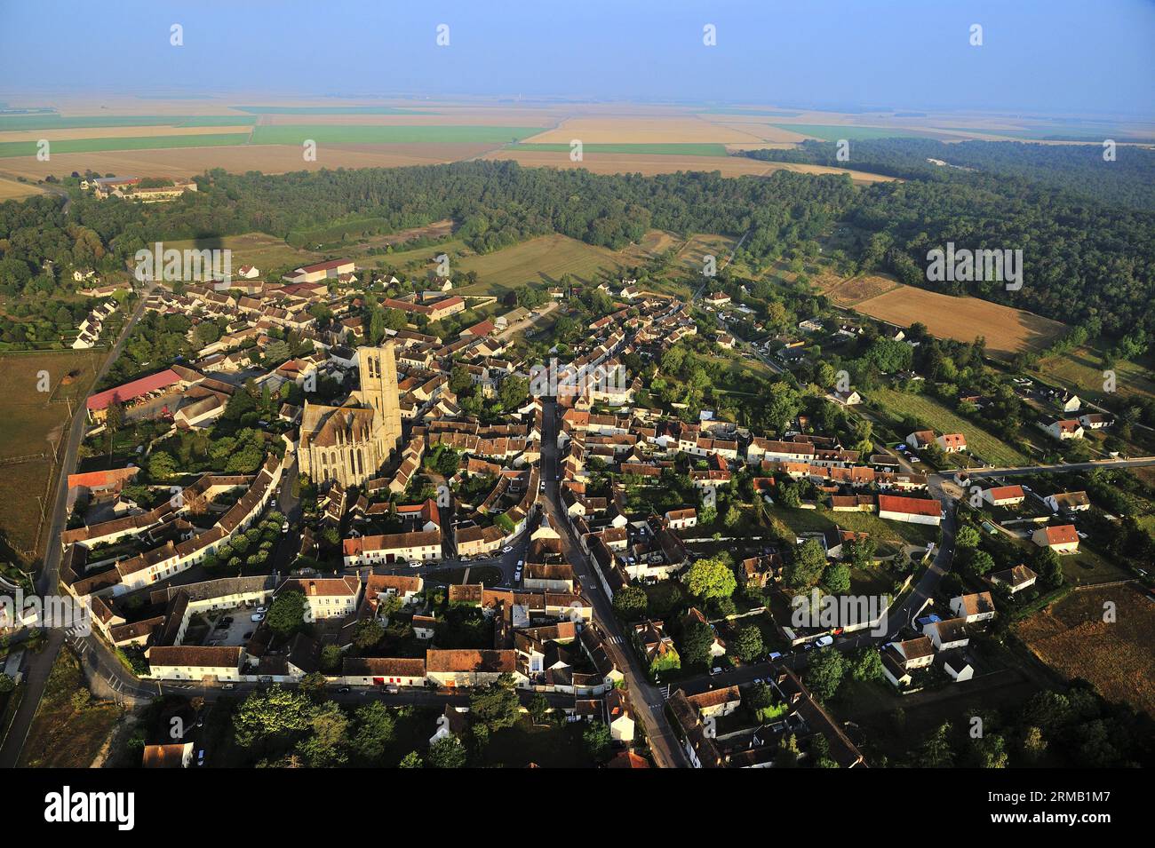 FRANCIA. SEINE-ET-MARNE (77) VEDUTA AEREA DELLA VALLE DEL LOING (FORESTA DI FONTAINEBLEAU). VILLAGGIO DI LARCHANT, CHIESA DI SAINT-MATHURIN Foto Stock