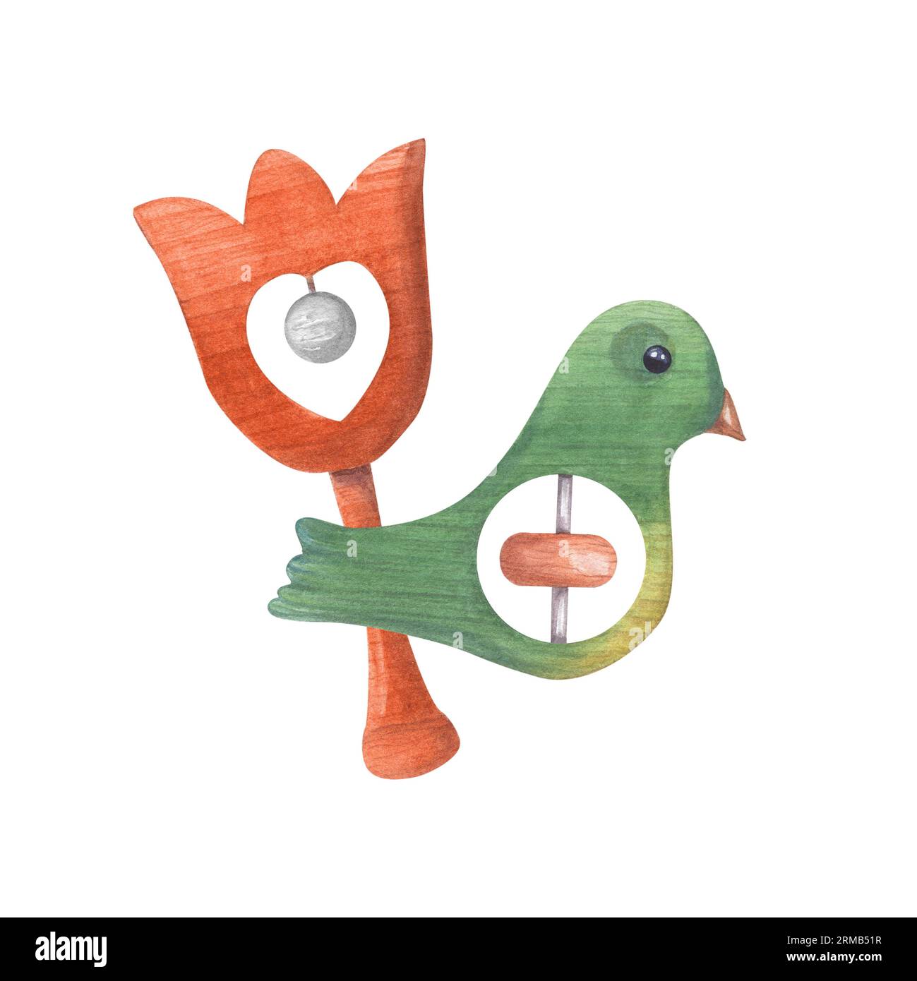 Composizione di due bambini battiti di legno. Beanbag, uccello, giocattoli di legno. Intrattenimento per bambini. Divertente. Illustrazione acquerello isolata su bianco Foto Stock