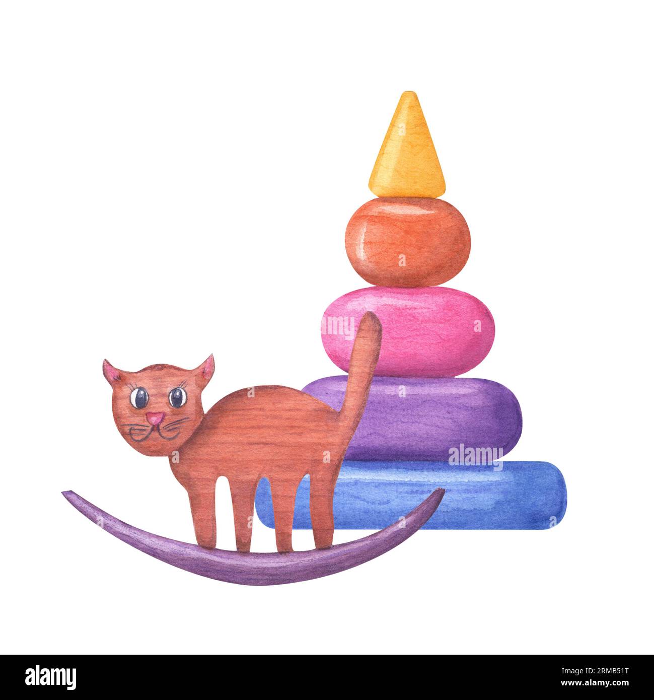 Illustrazione ad acquerello di giocattoli in legno per bambini. Cat, piramide multicolore isolata su sfondo bianco. Per la progettazione di cartoline, saluti, compleanno Foto Stock