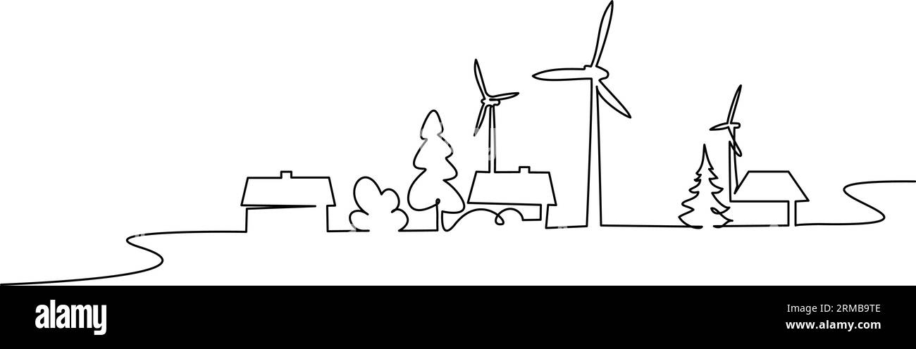 Paesaggio con mulini e case eoliche, energia dei generatori eolici, disegno artistico a linea singola continua. Paesaggio collinare con turbine eoliche generate e h Illustrazione Vettoriale