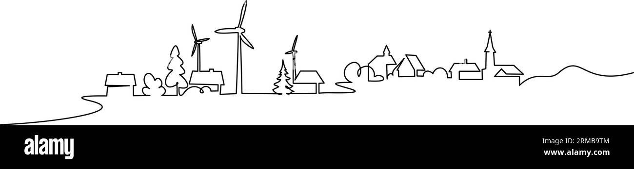 Paesaggio con mulini a vento e chiesa, energia del generatore eolico, disegno artistico a linea singola continua. Paesaggio collinare con turbine eoliche generate e h Illustrazione Vettoriale