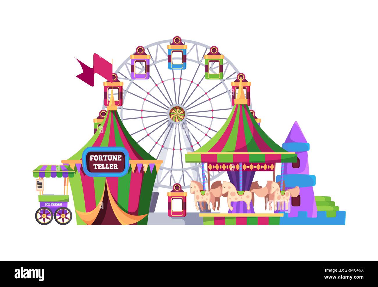 Parco divertimenti. attività per giostra dei bambini felici. Sfondo cartoni animati vettoriali Illustrazione Vettoriale