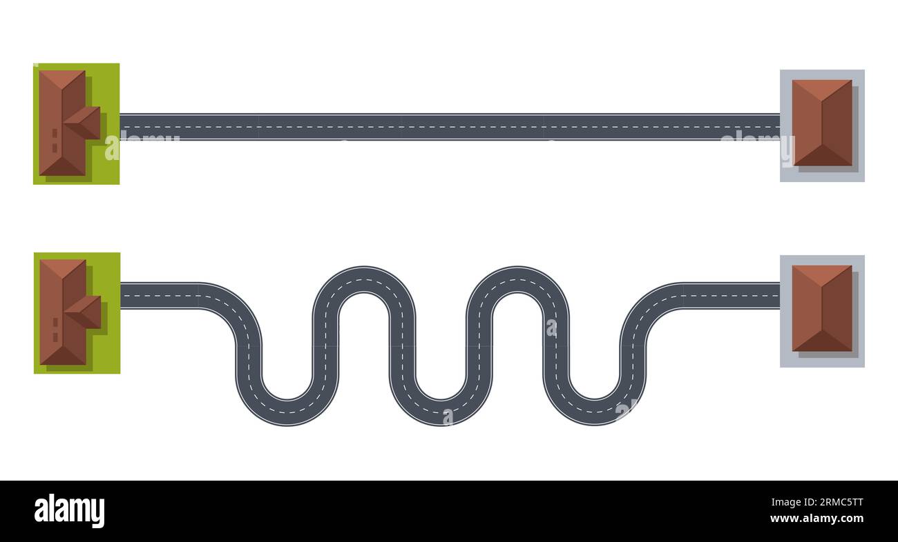 Concetto di percorso breve, rettilineo e lungo percorso tortuoso. Vista dall'alto sulla strada cittadina. Curva e zigzag speedway, mappa e percorso del viaggio. Due modi per fare lo stesso Illustrazione Vettoriale