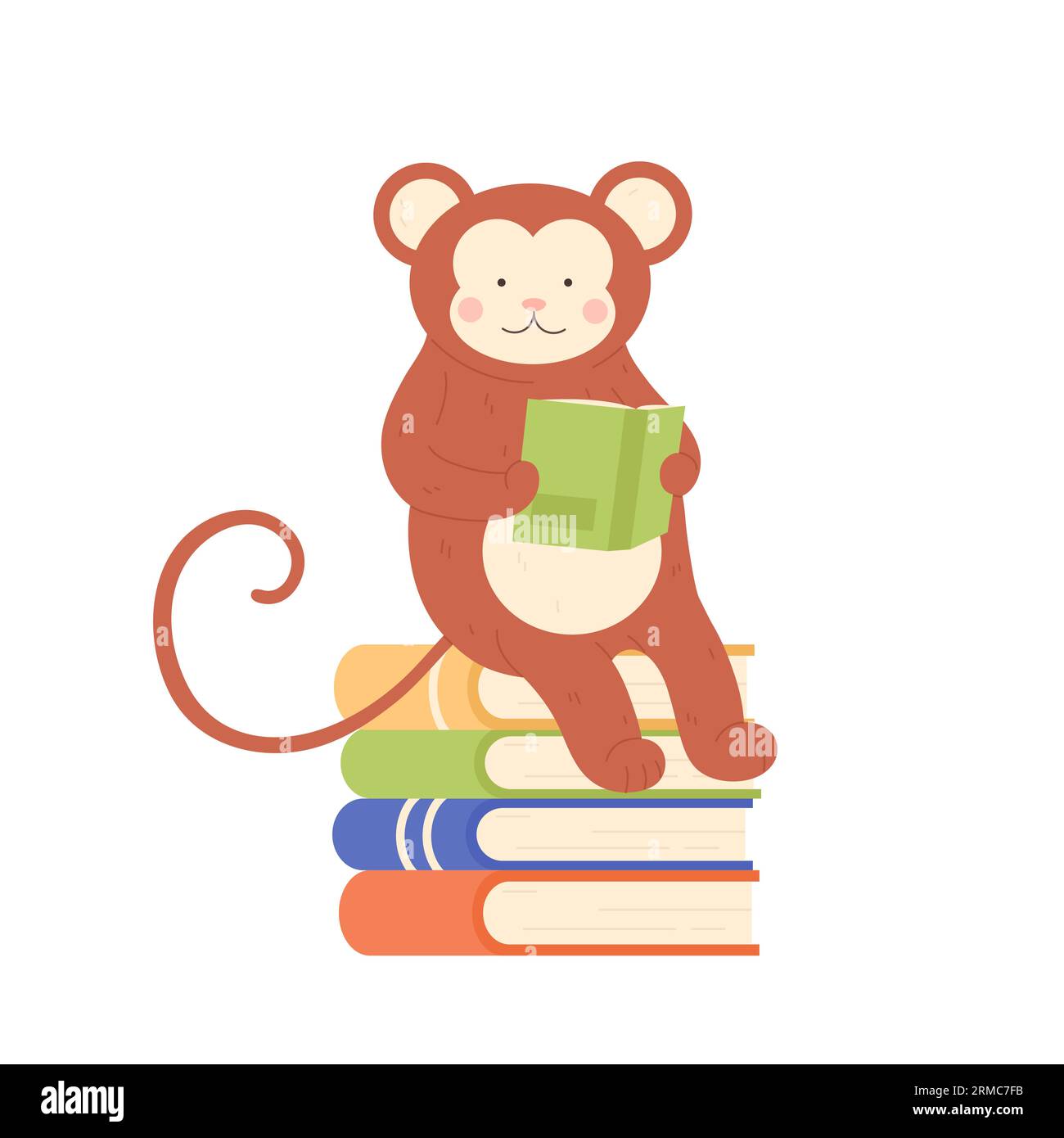Scimmia seduta sui libri e leggendo. Libro di storie di animali tropicali, cartoni animati, illustrazione vettoriale Illustrazione Vettoriale