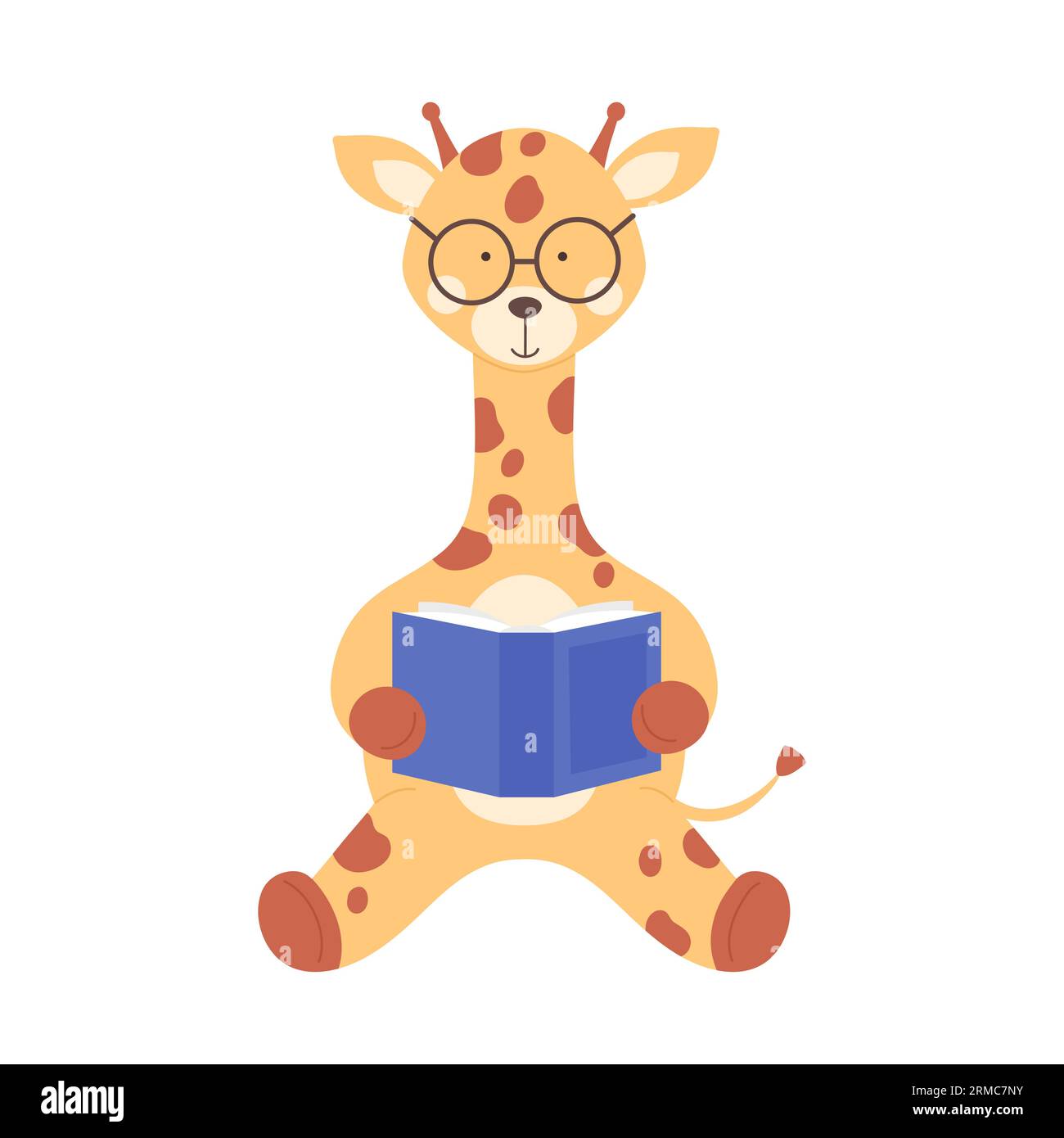 Simpatica giraffa con occhiali che leggono un libro di storia. Safari Animal Learning Skills cartoon illustrazione vettoriale Illustrazione Vettoriale