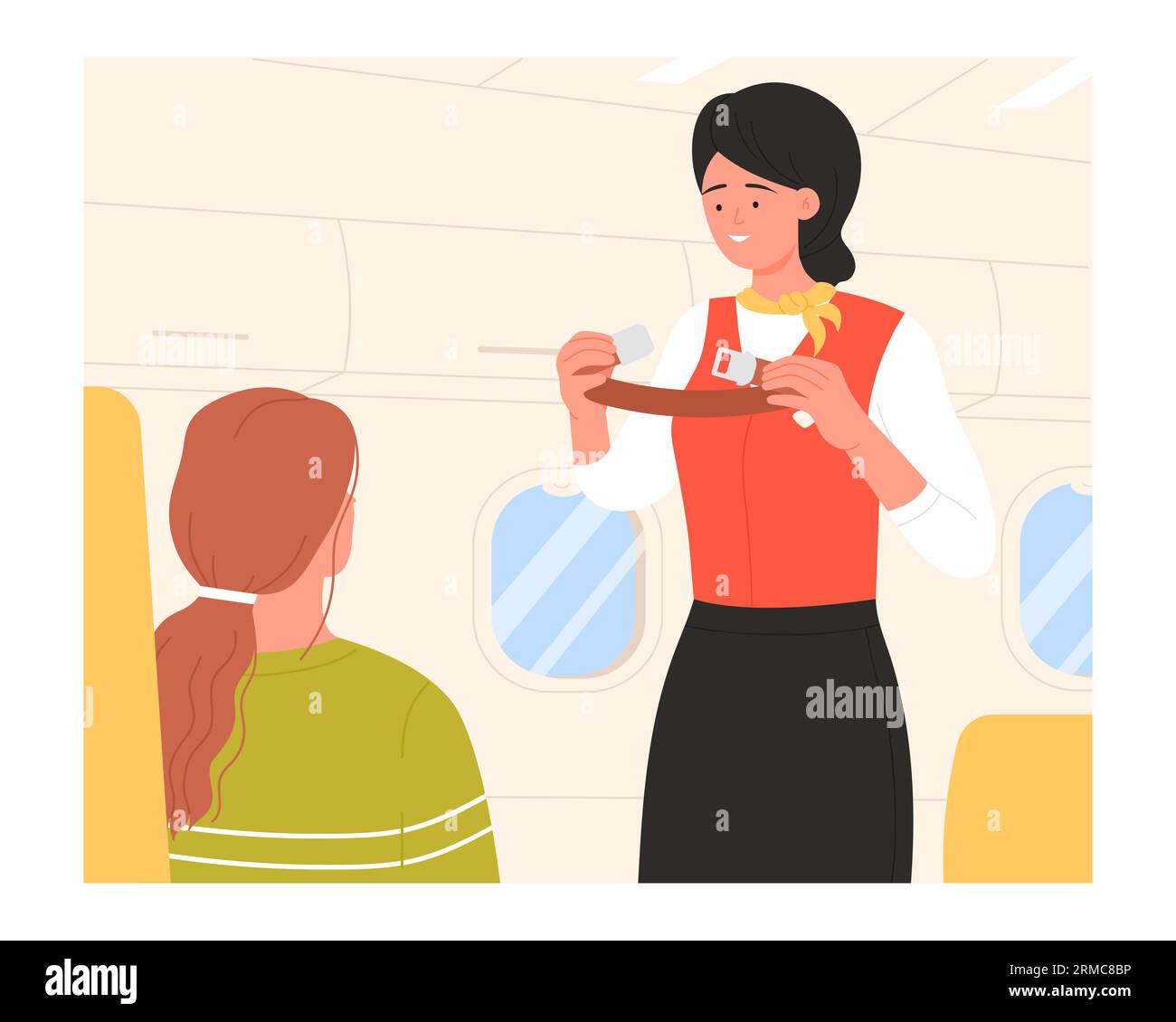 L'equipaggio di cabina mostra le misure di sicurezza per allacciare le cinture. Passeggeri in aereo, dimostrazione di emergenza hostess cartoon illustrazione vettoriale Illustrazione Vettoriale