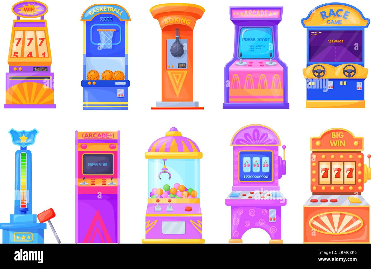 Macchine per il divertimento. Macchinetta per giochi di cartoni animati, parco divertimenti per bambini, videogiochi, boxe, pallacanestro, gioco d'azzardo, slot machine, illustrazione vettoriale di intrattenimento per giochi di cartoni animati Illustrazione Vettoriale