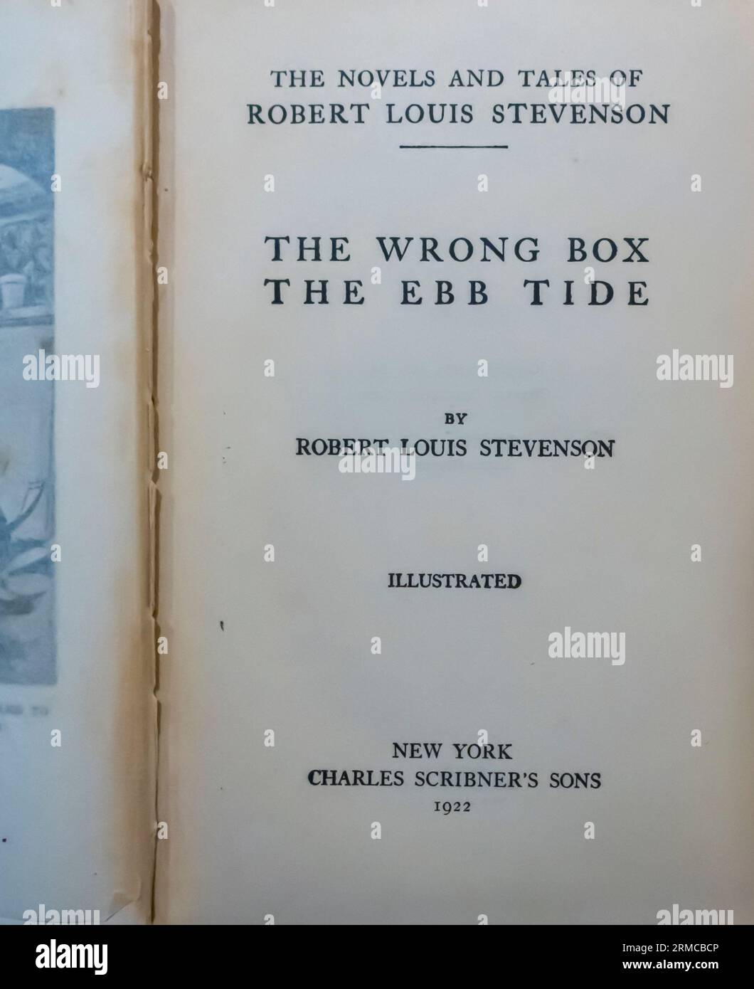 The Wrong Box, The Ebb Tide Novels di Robert Louis Stevenson - pagina del titolo dell'edizione 1922 di Charles Scribner's Sons New York Foto Stock