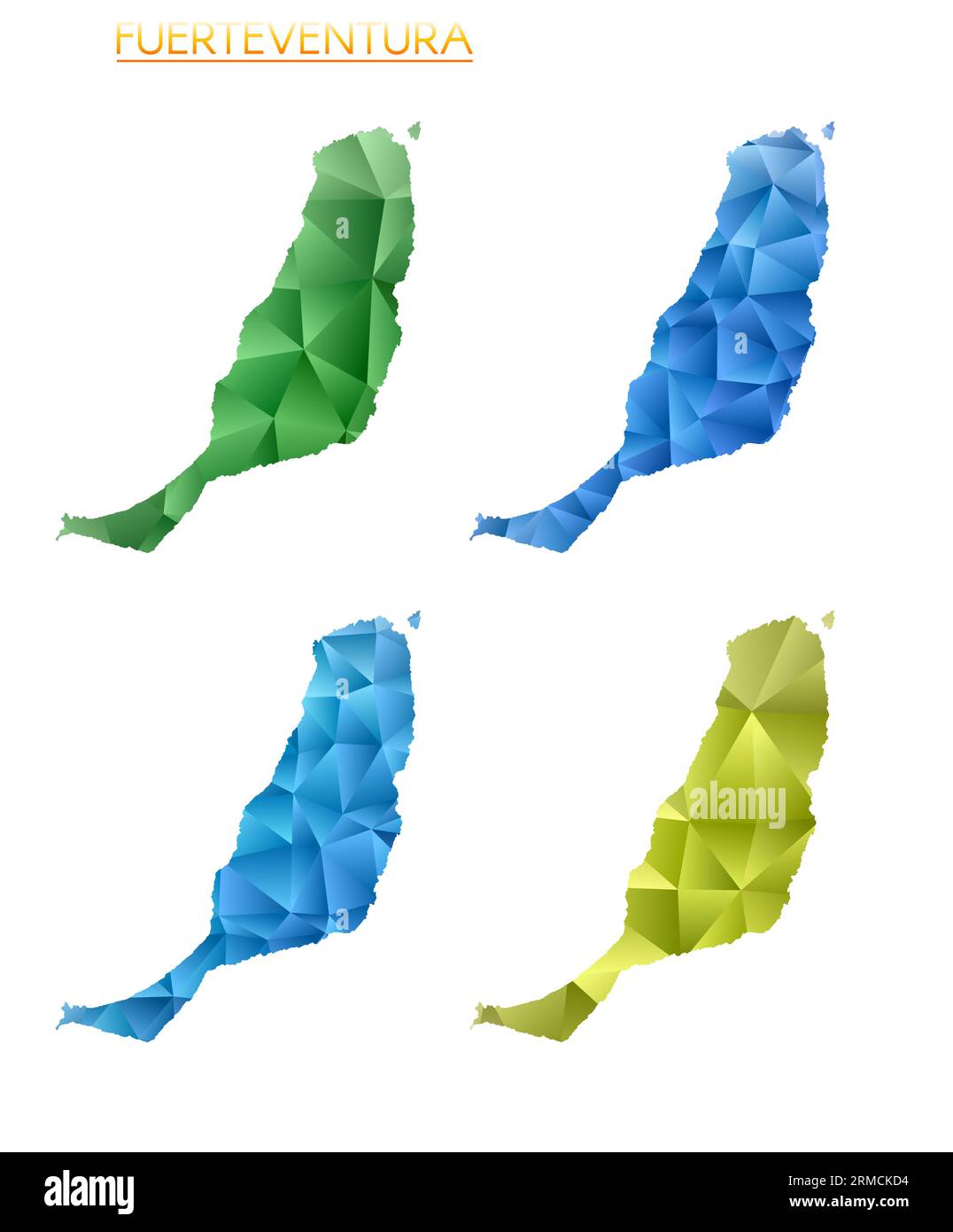 Serie di mappe poligonali vettoriali di Fuerteventura. Mappa dell'isola con gradiente luminoso in basso stile polietilene. Illustrazione Vettoriale