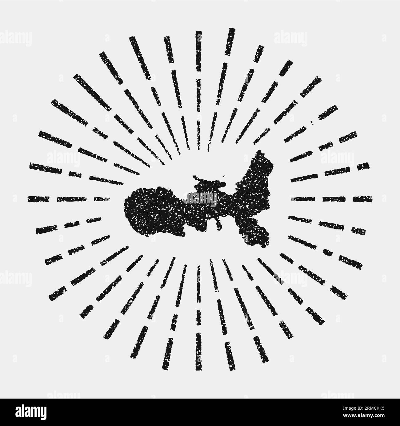 Mappa d'epoca dell'Elba. Scoppia il sole intorno all'isola. Forma Elba nera con raggi del sole su sfondo bianco. Illustrazione vettoriale. Illustrazione Vettoriale