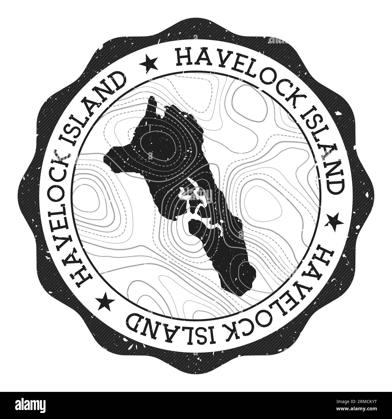 Francobollo all'aperto di Havelock Island. Adesivo rotondo con mappa con isolinee topografiche. Illustrazione vettoriale. Può essere utilizzato come insegna, logotipo, etichetta, adesivo Illustrazione Vettoriale