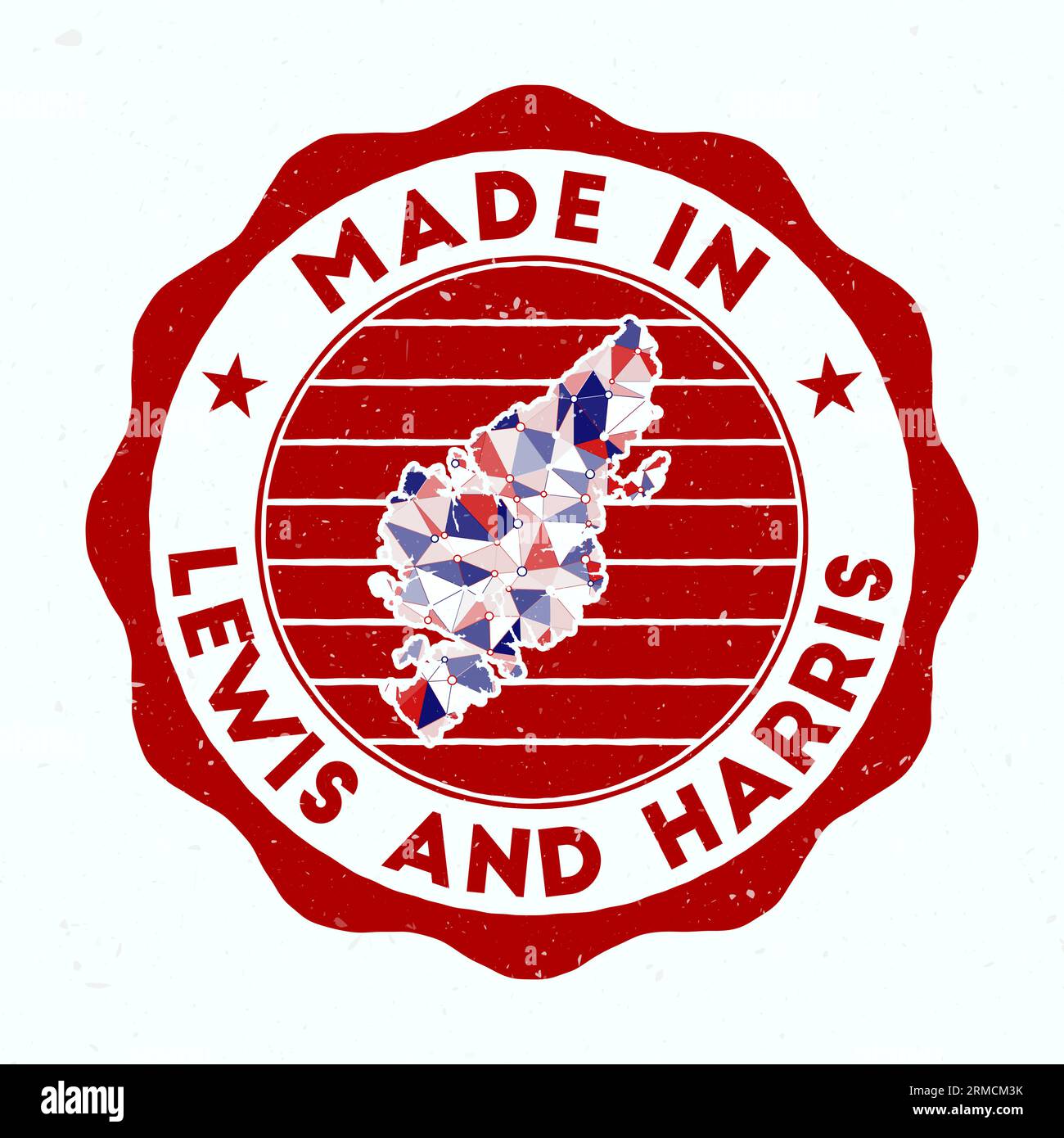 Prodotto a Lewis e Harris. Francobollo rotondo dell'isola. Sigillo di Lewis e Harris con forma a bordo. Badge vintage con testo circolare e stelle. Illustrazione Vettoriale