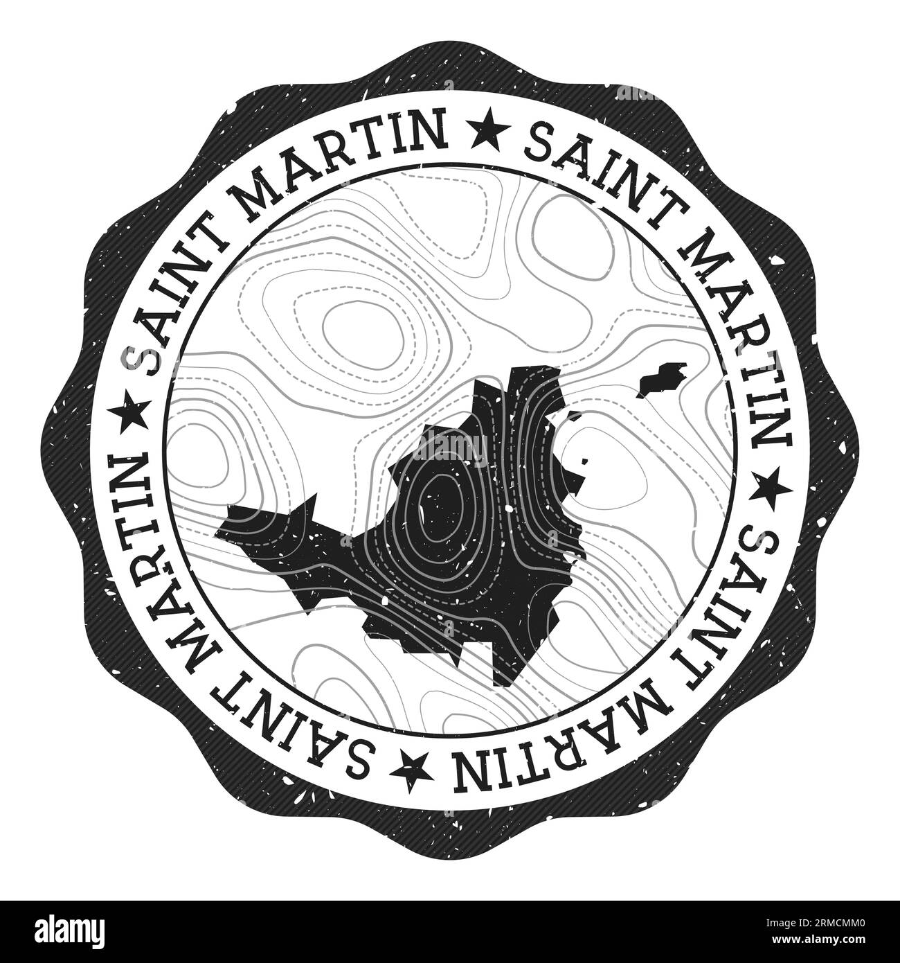 Francobollo esterno Saint Martin. Adesivo rotondo con una mappa dell'isola con isoline topografiche. Illustrazione vettoriale. Illustrazione Vettoriale