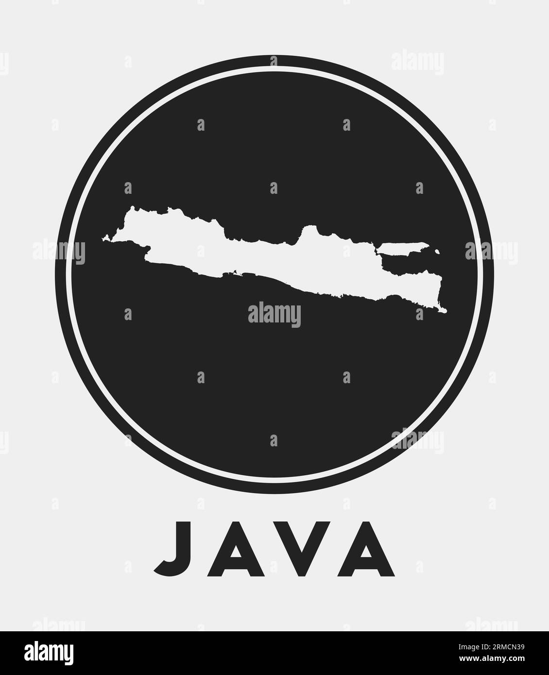 Icona Java. Logo rotondo con mappa dell'isola e titolo. Elegante badge Java con mappa. Illustrazione vettoriale. Illustrazione Vettoriale