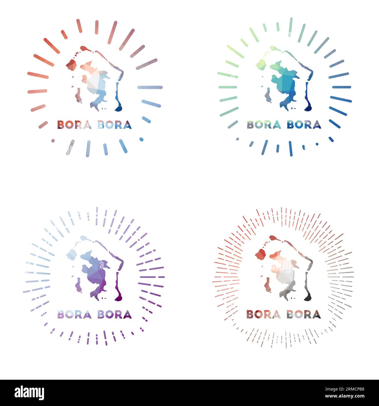 Bora Bora Bora, set solare in polietilene basso. Logo dell'isola in stile geometrico poligonale. Illustrazione vettoriale. Illustrazione Vettoriale