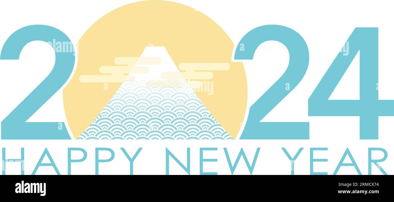 Simbolo di saluto per l'anno nuovo 2024 con Mt. Fuji alla prima alba. Illustrazione vettoriale isolata su sfondo bianco. Illustrazione Vettoriale