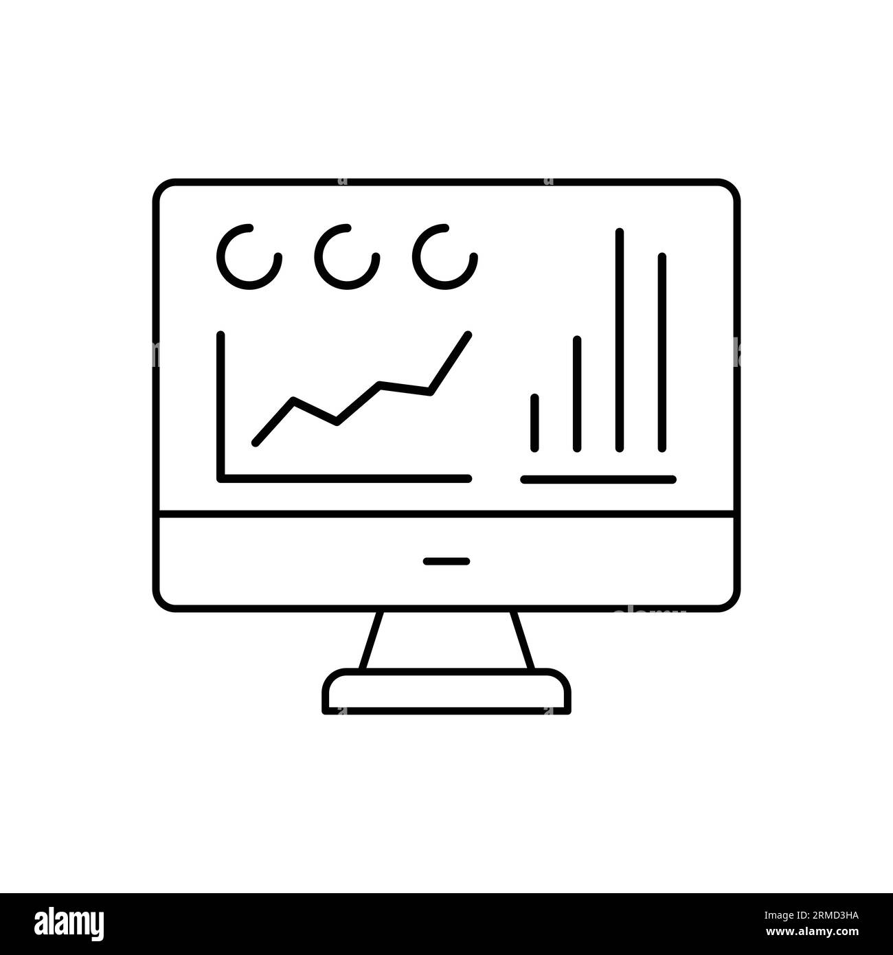 Icona della riga statistiche online e analisi. Computer con grafico, grafico e segnale vettoriale di report dati. Illustrazione Vettoriale