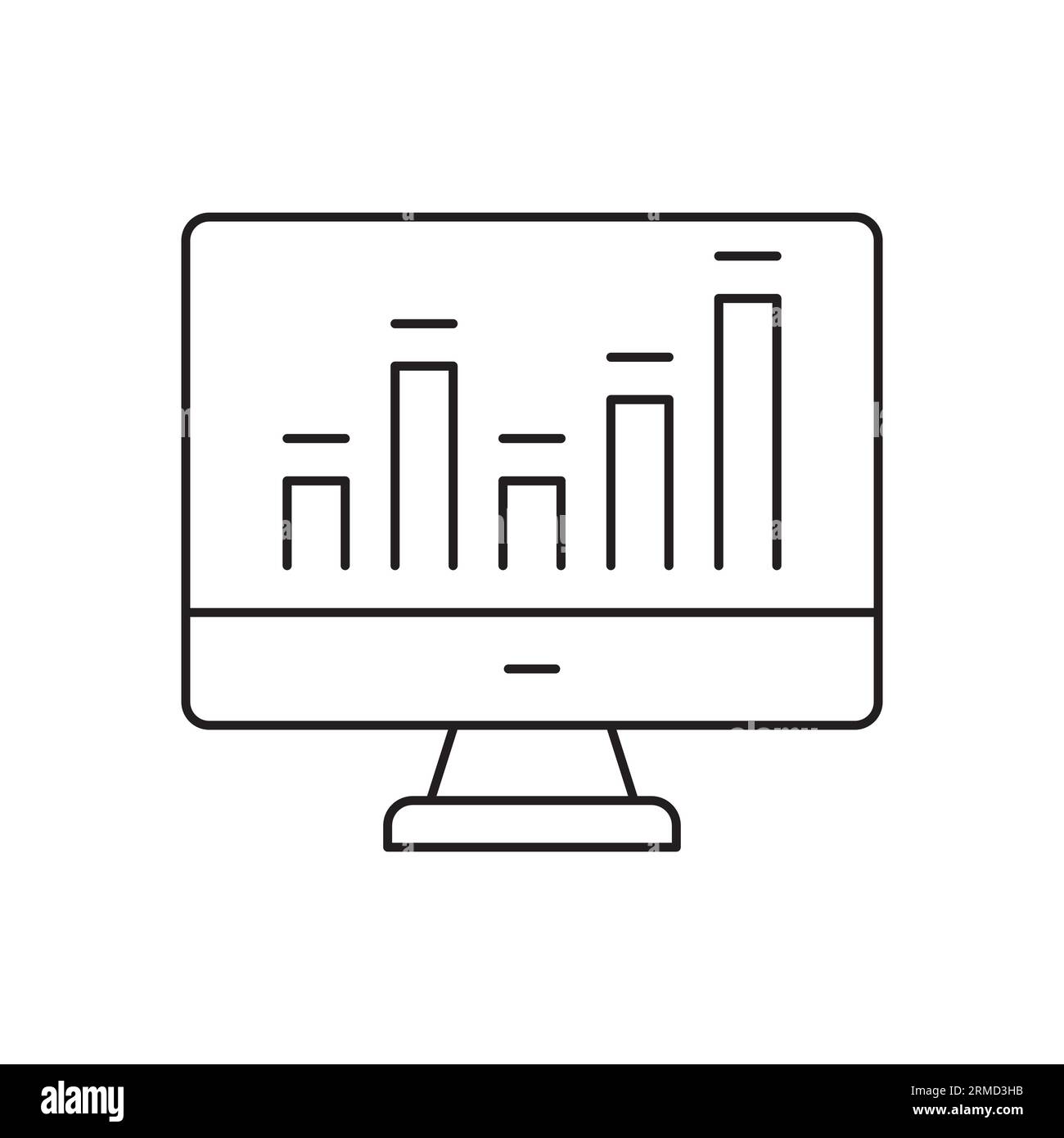 Icona della riga di report delle statistiche online e delle analisi. Computer con segno di contorno vettoriale grafico. Illustrazione Vettoriale