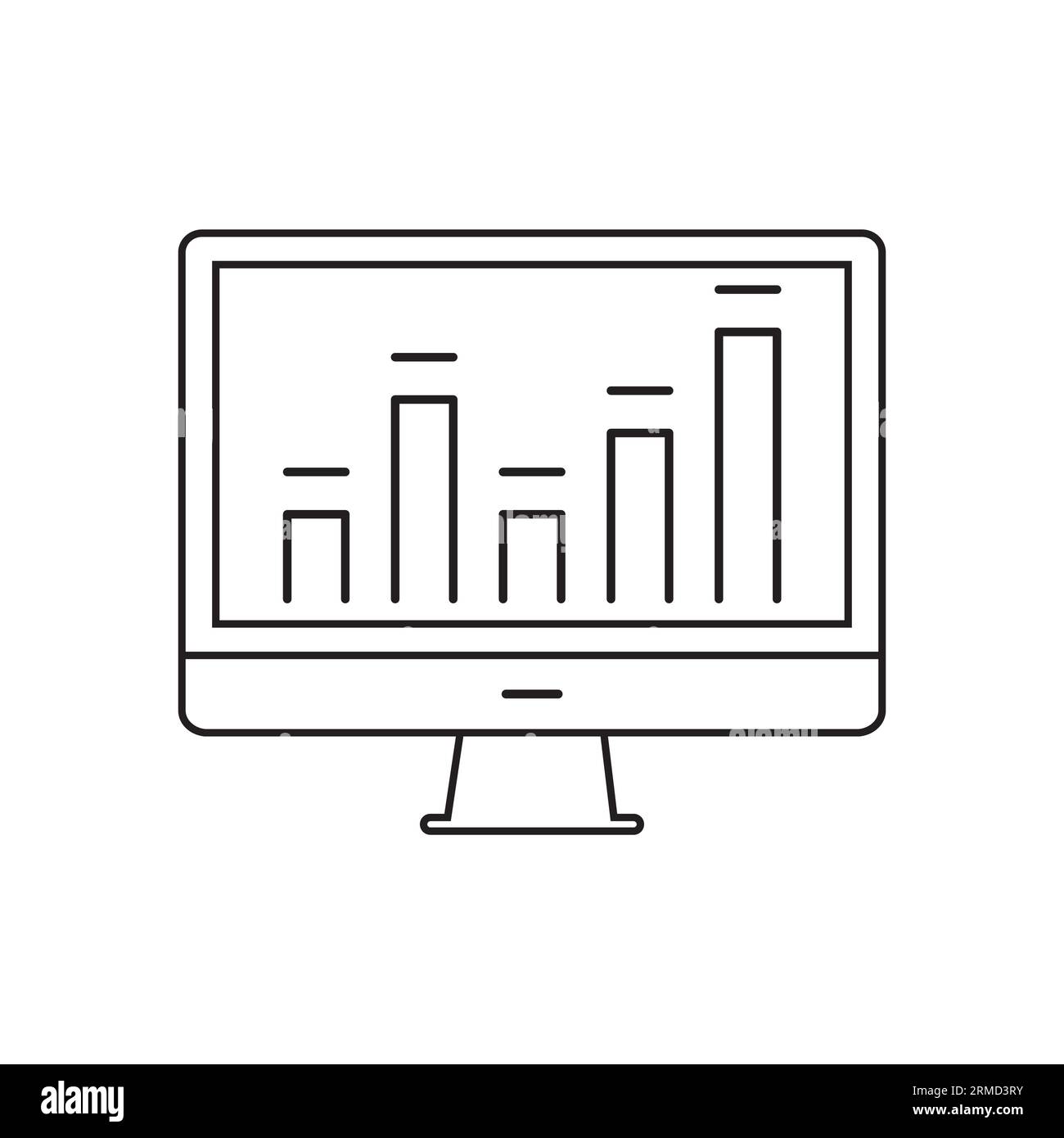 Icona della riga di report delle statistiche online e delle analisi. Computer con segno di contorno vettoriale grafico. Illustrazione Vettoriale