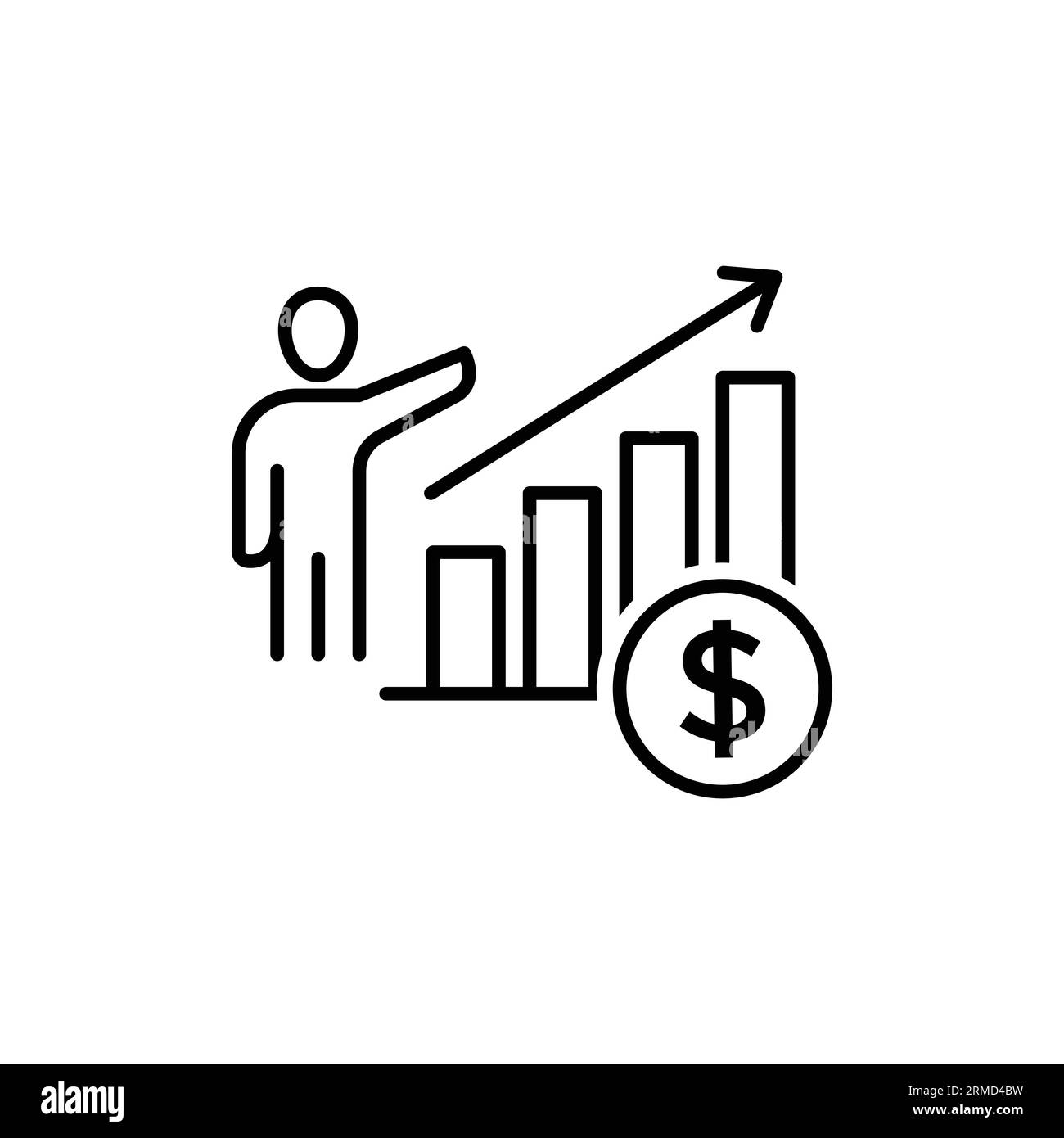 Icona della linea di crescita dei ricavi, pittogramma vettoriale del grafico economico, aumento dei profitti. Uomo d'affari con il rapporto vendite segno di colpo per lo sviluppo finanziario Illustrazione Vettoriale
