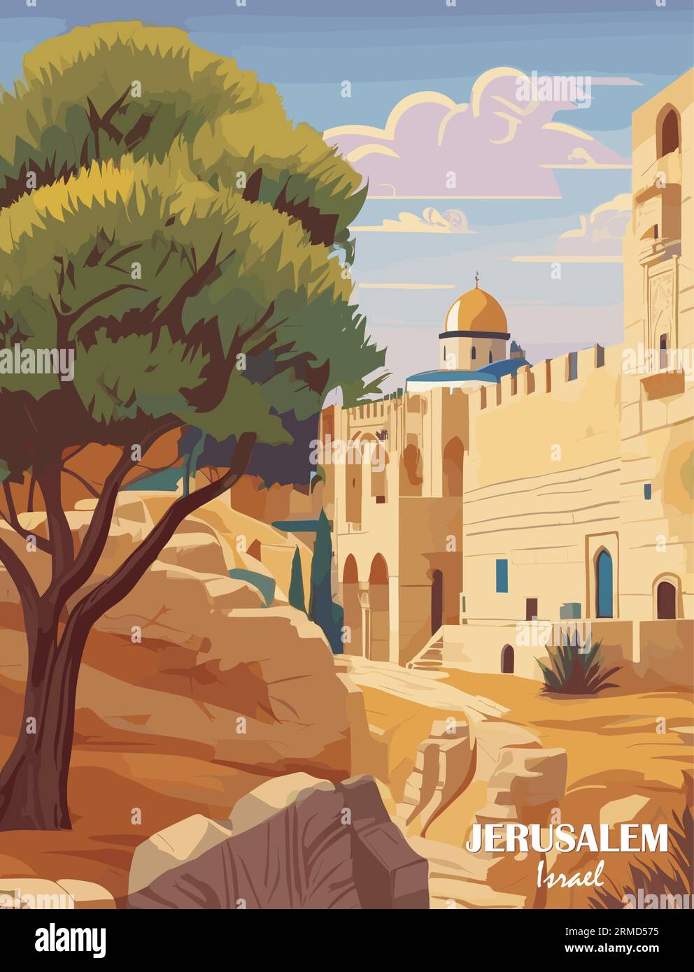 Jerusalem, Israel Travel retro poster arte vettoriale. Illustrazione Vettoriale